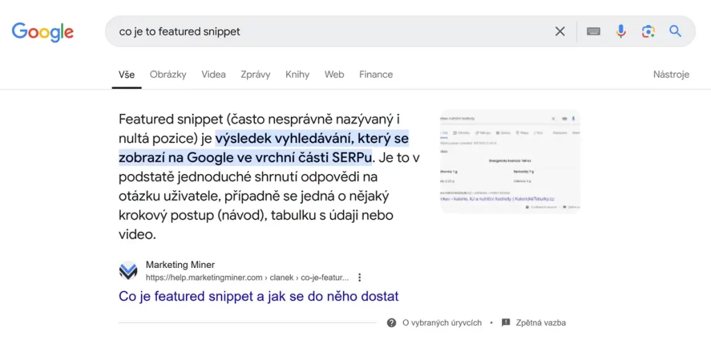 Ukázka tzv. festured snippet; článek Co je SEO
